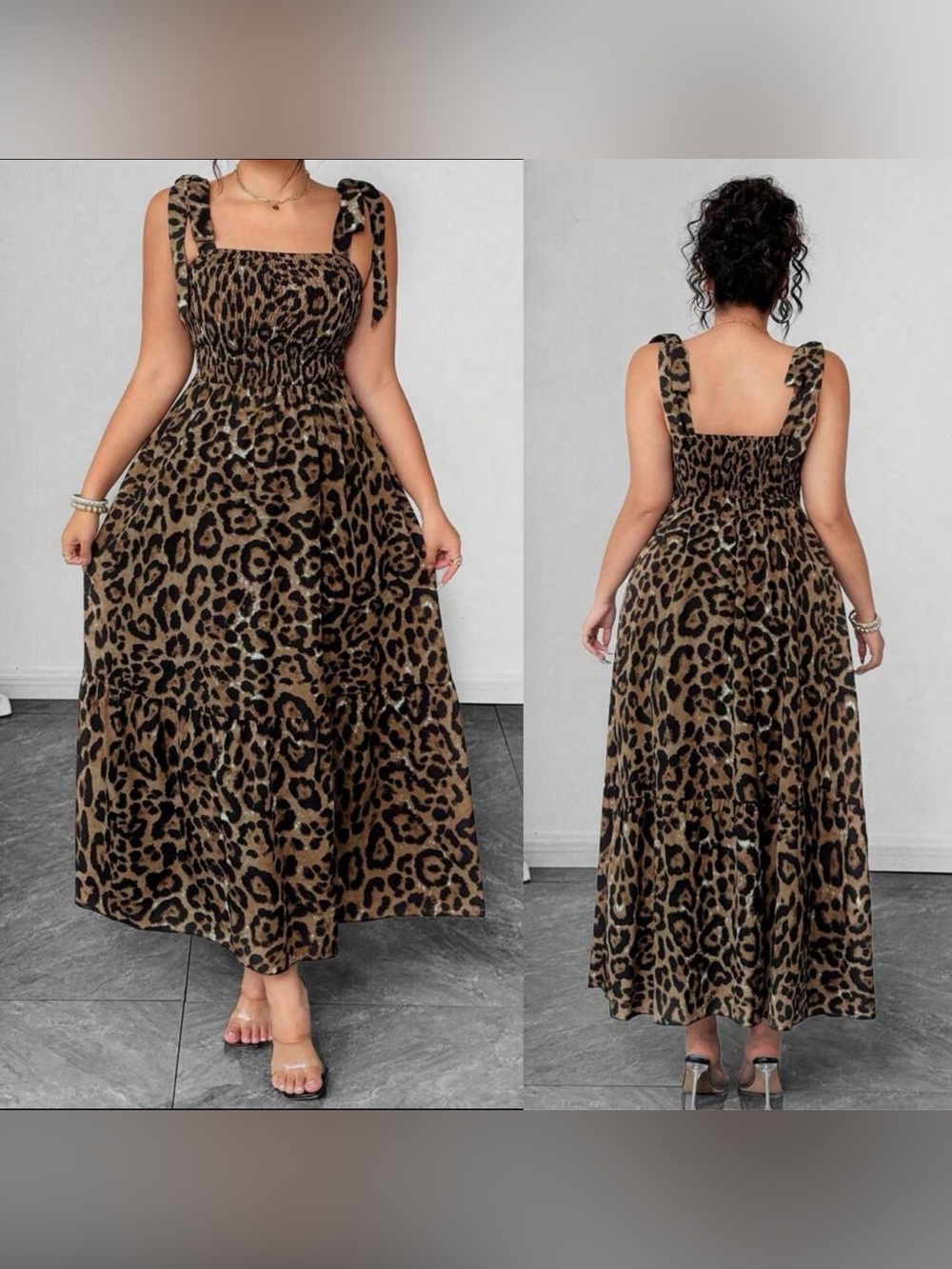 SHEINCurve Brown & Black Leopard Print Tie-Strap Maxi Dress